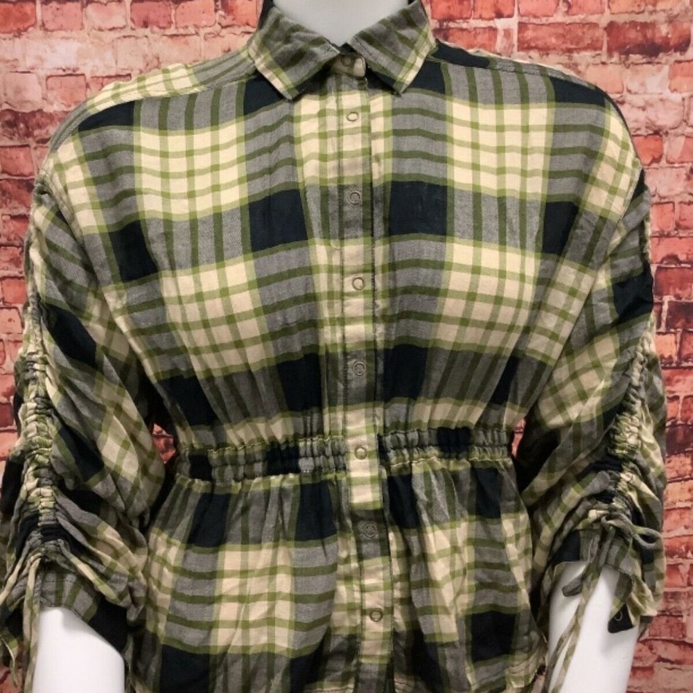 Free People Womens Green Gathered Frayed Plaid 3/4